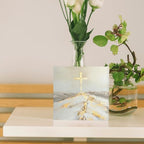Christian Holy Cross Jesus Wooden Box Sign 5x5 Inch, Modern Neutral Gold Beige Religious Bible Verse Wood Signs for Home Office Prayer Room Desk Table Shelf Decor - Image 2