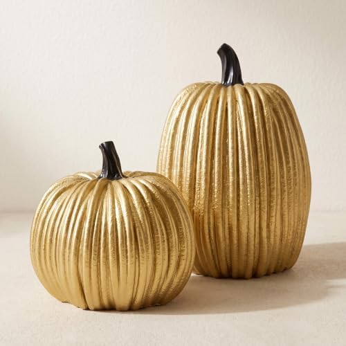 Gold Halloween Pumpkin Decor, Small Resin Pumpkins Set of 2 by CRPQX