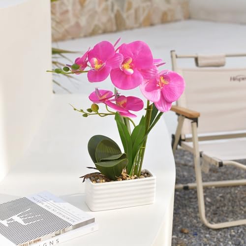 Artificial Real Touch Orchid Flowers with White Ceramic Vase, Purple Red - Image 6