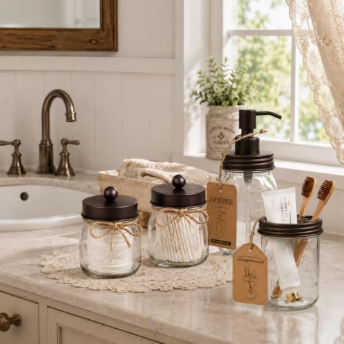 SheeChung Mason Jar Bathroom Accessories Set,6Pcs Rustic Bathroom Set,Brown - Image 2