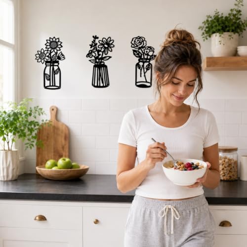 qzmaikoo 3 Pieces Sunflower Roses Daisy Black Metal Flowers Wall Decor Metal Vase Wall Art Metal Wall Sculptures Hanging for Indoor Kitchen Bathroom Bedroom living room,14.56x7.87 inches - Image 2
