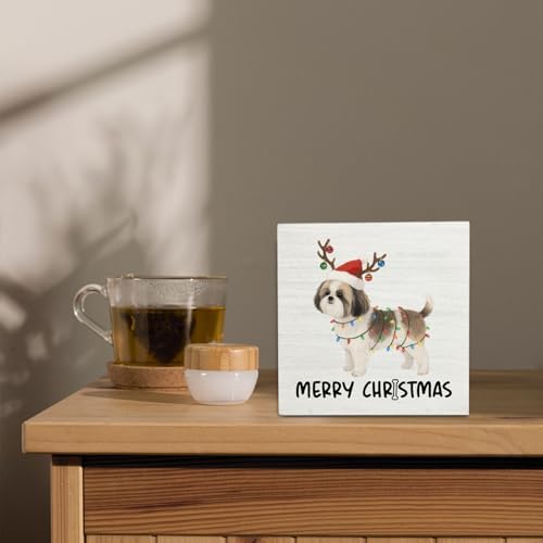 Shih Tzu Merry Christmas Wooden Box Sign Desk Decor, Shih Tzu Gifts, Christmas Dog Wood Block Sign for Home Bedroom Office Desk Table Shelf Wall Decorations, 5x5 Inch - Image 4