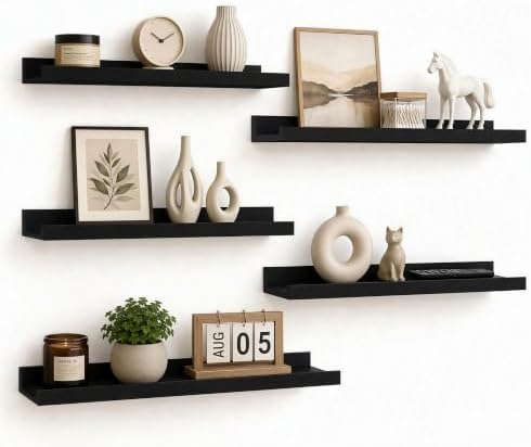 24inch Long Floating Shelves for Wall Decor, 5-Set Shelves with Lip, Black by RicherHouse