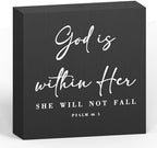 God Is Within Her Bible Verse Artwork Black Wood Box Sign Rustic Farmhouse Style Psalm 46 : 5 Christian Wood Block Plaque 5 X 5 Inches Home Office Desk Sign Decor for Presents by ENGVZ