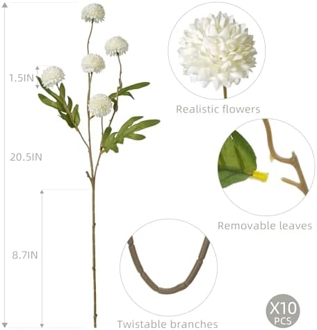 10Pcs 20.5" Artificial Pompon Mum Silk Flower Stems, Fake Chrysanthemum Ball Faux Flowers for Vase, Fall Floral Stems for Indoor Home Decor Wedding Centerpieces, White (No Vase) - Image 3