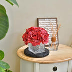 Silk Roses in Glass Vase with LED, Low Centerpiece for Table, Red - Image 4