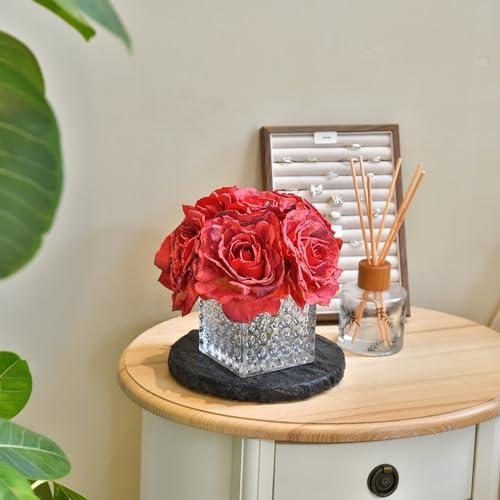 Silk Roses in Glass Vase with LED, Low Centerpiece for Table, Red - Image 4
