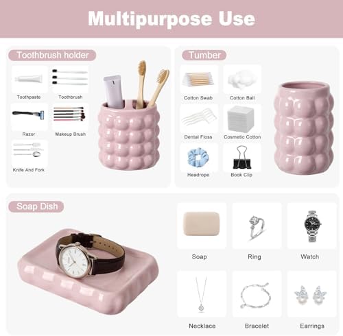 4 Piece Ceramic Bathroom Accessories Set –Soap Dispenser,Toothbrush Holder,Tumbler & Soap Dish,Includes Silicone Funnel,Non-Slip,Modern Farmhouse Countertop Organizer Set for Bathroom Decor, Pink - Image 5