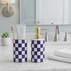 Bathroom Toothbrush Holder Set, Ceramic Checkered Soap Dispenser and Tooth Brush Holder Set, Modern Bathroom Accessories Sets Countertop, Black and White Checkered Bathroom Decor Set (Blue) - Image 3