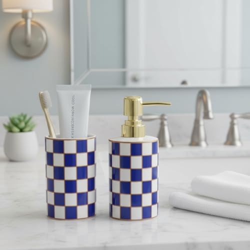 Bathroom Toothbrush Holder Set, Ceramic Checkered Soap Dispenser and Tooth Brush Holder Set, Modern Bathroom Accessories Sets Countertop, Black and White Checkered Bathroom Decor Set (Blue) - Image 3
