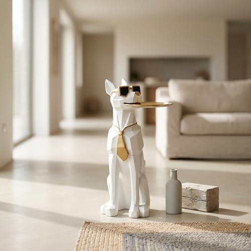 Geometric Dog Sculpture Animal Side Table with Tray and Tissue Box(White) - Image 2