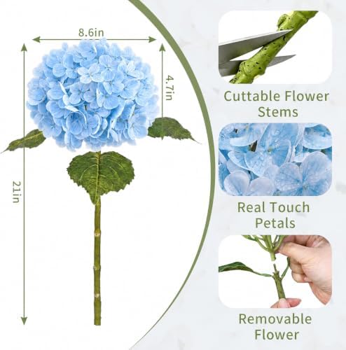 6 PCS Blue Hydrangea Artificial Flowers, Latex UV Resistant Fake Flowers - Image 2