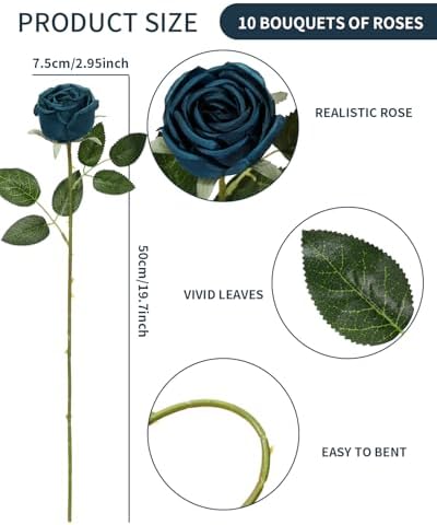 Coferset 10 Pcs Fake Silk Roses with Long Stems,Peacock Blue - Image 4