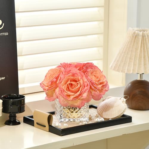 Silk Roses in Glass Vase with LED, Low Centerpiece for Table, Coral Pink - Image 4