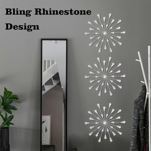 ZEXUIRU 3 Set Silver Starburst Wall Art for Home Decor Metal Bling Crystal Rhinestones Sunburst Wall Decor Sparkling Rhinestone Art Accent Silver - 13in - Image 2