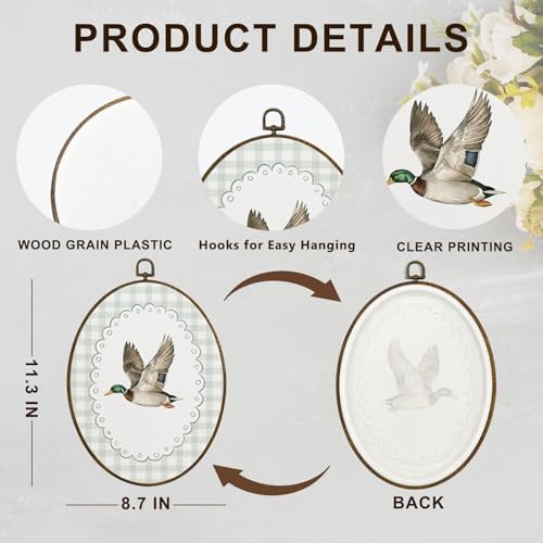 dvhdajed Coquette Mallard Duck Oval Wall Art Decor, Farmhouse Country Ducks Framed Canvas Art, Rustic Mallard Duck Green Checkered Oval Wall Hanging Decor for Home Bedroom Nursery, 8.7x11.3 Inch - Image 7