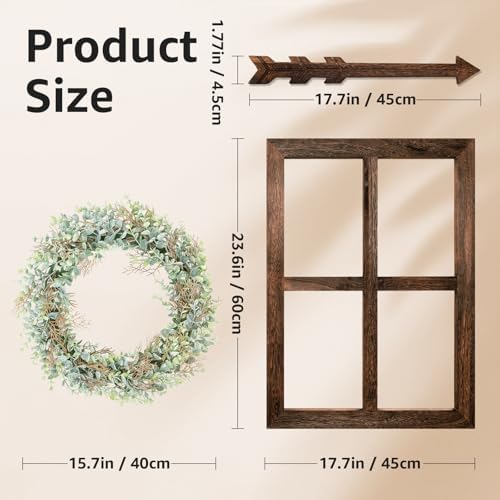 WAKOSAN Rustic Wood Window Frame Wall Decor with Wreath & Arrows - Image 2