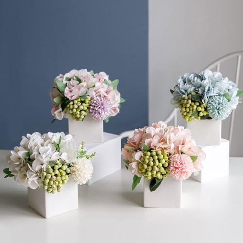 TKAS Fake Flowers Arrangement in Ceramic Vase, Artificial Faux Silk Hydrangea & Green Berries, Small Realistic Dried-Style Floral Centerpiece for Dining Table, Wedding Party Home Decoration (White) - Image 5