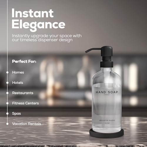 Glass Hand Soap Dispenser Bathroom Set by Brighter Barns - Bathroom Soap Dispenser Set - Refillable Pump Bottle with Tray - Neutral Home Decor for Spa, Hotel, Vacation Rental, Restaurant, Gift (Clear) - Image 2