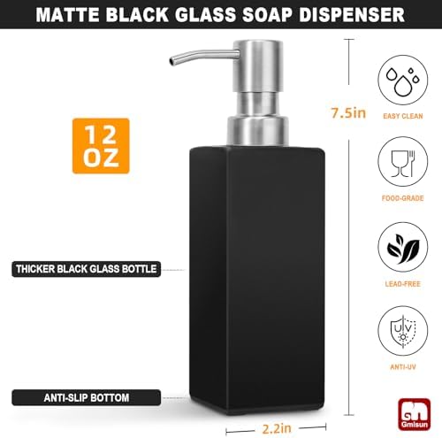 GMISUN Black Soap Dispenser Bathroom, Glass Hand Soap Dispenser with Stainless Steel Pump, 12 fl oz/350ml Refillable Dish Dispensers for Kitchen, Modern Liquid Lotion Bottles for Bathroom Countertop - Image 2
