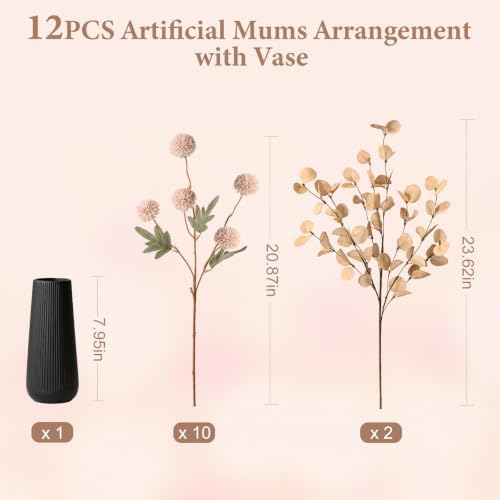 12 Pcs Realistic Fall Flowers Fake Mums with Vase, Full Silk Pompon Bulk - Image 6