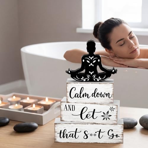 Marsui 4 Pcs Funny Bathroom Shelf Decor Calm Down and Let That Go Wood Sign - Image 2