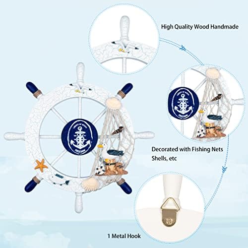 2 Pack 11" Nautical Beach Wooden Ship Wheel and 11" Wooden Anchor with Rope Nautical Boat Steering Wheel Rudder Anchor Wall Art Decor Door Hanging Ornament Beach Theme Home Decoration(White&Blue) - Image 4