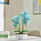 Large Artificial Orchid Arrangement in Oval Ribbed Ceramic Pot, Golden Blue - Image 4
