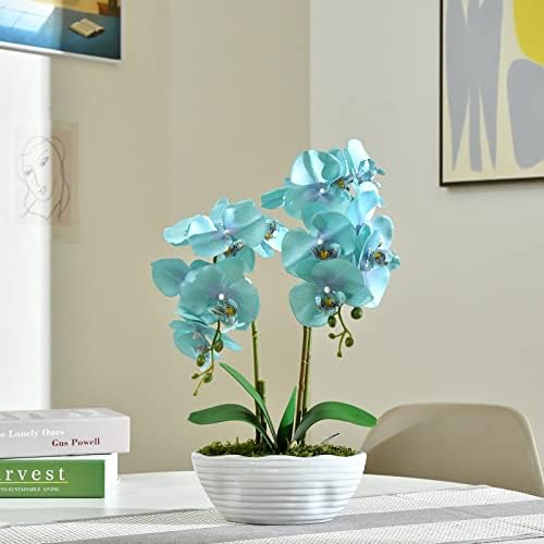 Large Artificial Orchid Arrangement in Oval Ribbed Ceramic Pot, Golden Blue - Image 4