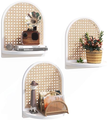 Rattan Wall Shelf Set of 3, 7''White Rattan Shelves with Wicker Decor, Boho Decor Small Floating Shelves for Wall, Arched Shelf for Plant Figurines Display,Mini Shelves for Knick Knack Storage by MVPSONAG