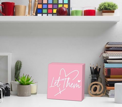 Let Them Wooden Sign, Pink Office Decorations for Work, Let Them Mental Health Rustic Wood Box Signs 5x5 Inch, Desk Shelf Tabletop Decor for Home Cubicle Decor, Office Gifts for Coworkers Women, 19 - Image 3