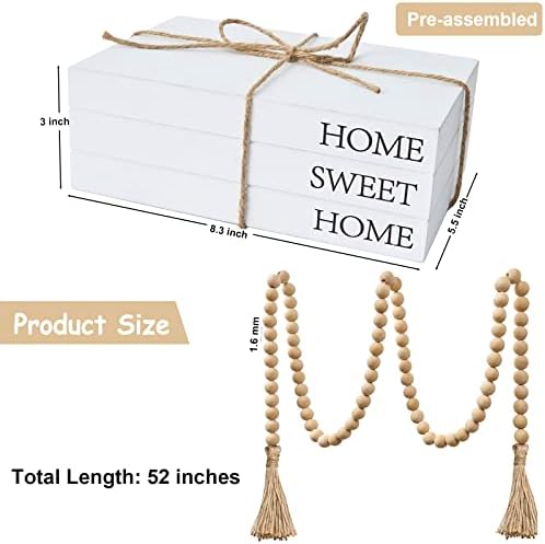 Decorative Books for Home Decor, White Faux Books for Decoration, Rustic Farmhouse Stacked Display Books with 52in Wood Bead Garland for Coffee Tables Living Room, (Home Sweet Home) - Image 4