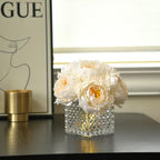 Artificial Peony Silk Flower Centerpieces with LED Light Faux Floral Arrangement in Glass Vase for Home Wedding Table Decoration (Cream White) - Image 4