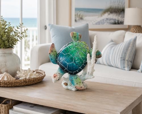 Sea Turtle Diving Figurine with Coral Reef Base - Ocean Inspired Coastal, Beach & Nautical Home Decor - Tabletop Nautical Room Accents (12"x10"x 8") - Image 3