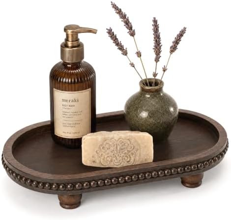 Acacia Wood Oval Decorative Tray for Rustic Living Room Decor, Dark Brown by EOSAHR