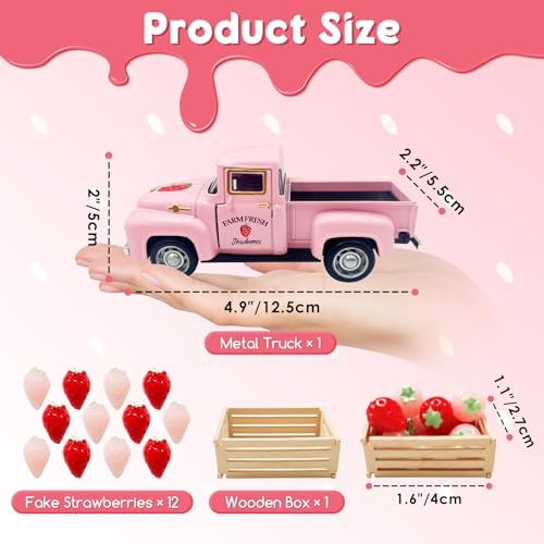 Strawberry Decor Vintage Truck with Mini Fake Strawberries and Wooden Crate - Image 2