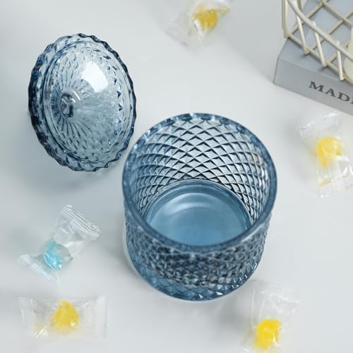 Sizikato Diamond Faceted Crystal Glass Candy Jar with Lid, Blue Decorative Jar, Jewelry Box, Cotton Swab Storage Holder. - Image 2