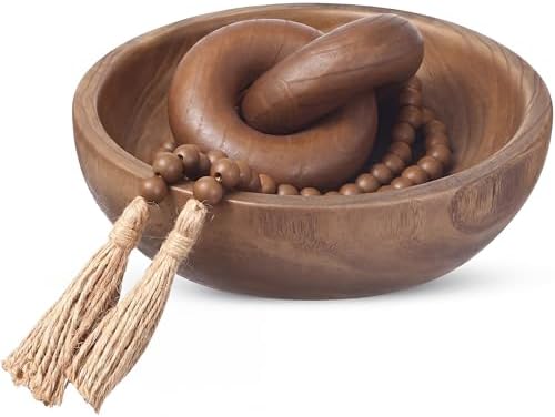 Novabright Farmhouse Wooden Bowl Set with Chain Beads, Brown by Unknown