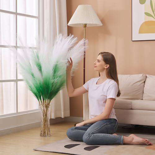 7 Pcs 45" Faux Pampas Grass – Fluffy Artificial Pompous Grass for Tall Floor Vase, Non-Shedding Home Decor, Boho Wedding Flowers, Baby Shower Centerpieces, Bedroom & Living Room Decor (Green Gradient) - Image 6