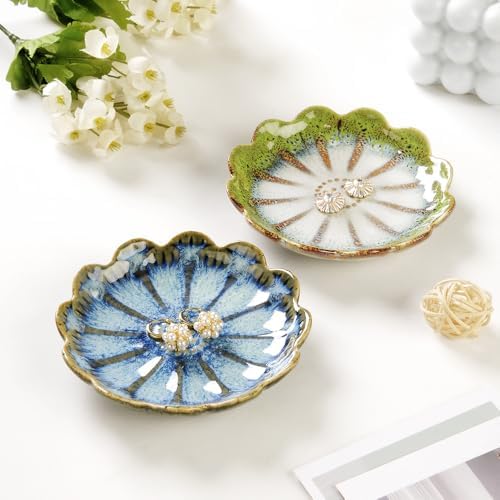 Lotus Ring Holder Dish Small Indoor Ash Tray, Ceramic Dessert Plate Trinket Jewelry Holder Organizing Necklace Earrings for Parents Friends Sister, All Jewelries Are NOT Included, Retro Blue. - Image 3