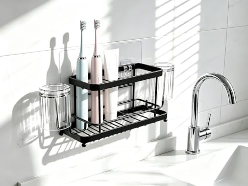 Toothbrush Holder, Wall Mount & Countertop, 2 Cup Hooks Black Metal - Image 2