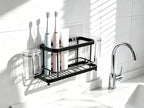 Toothbrush Holder, Wall Mount & Countertop, 2 Cup Hooks Black Metal - Image 2
