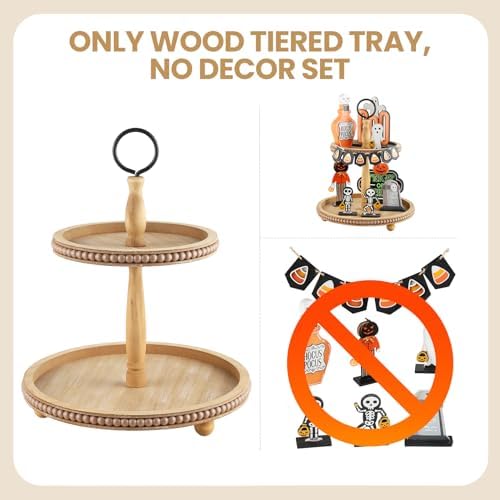 Beaded Tiered Tray Stand, Rustic Wooden 2 Tier Decorative Tray with Bead Garland, Farmhouse Round Wood Serving Tray Counter Centerpiece for Coffee Bar Home Decor Holiday Housewarming Gifts (Brown) - Image 4