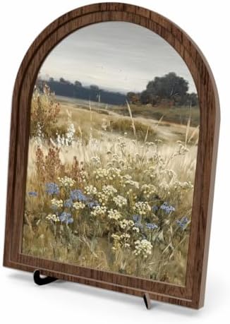 Rustic Farmhouse Tabletop Decor Sign, Arched Wooden Frame Wildflower Meadow Artwork for Desk Shelf Display, Soft Floral Landscape Accent, Gift for Home Decor Lovers by Unknown