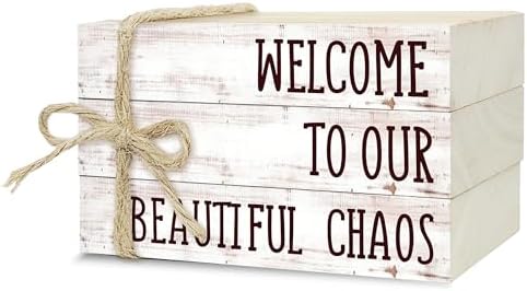 Ycyfckdr Decorative Wood Book Stack for Home, Welcome to Our Beautiful Chaos, Rustic Table and Living Room Bookshelf Farmhouse Decor (L70) by Ycyfckdr
