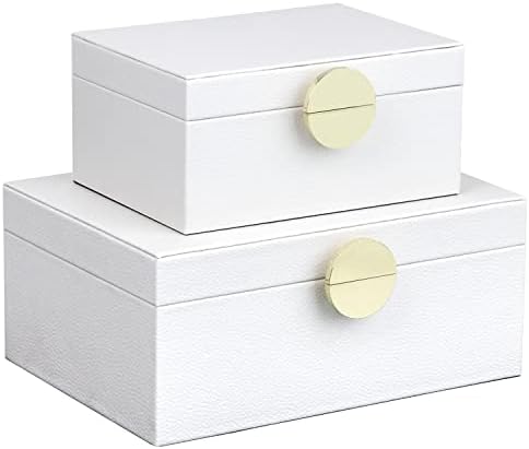 HofferRuffer Faux Leather Jewelry Boxes, Decorative Boxes Storage Accessory Organizer with Gold Hardware Decor, Classic Vegan Leather Set of 2 Pieces (White) by HofferRuffer