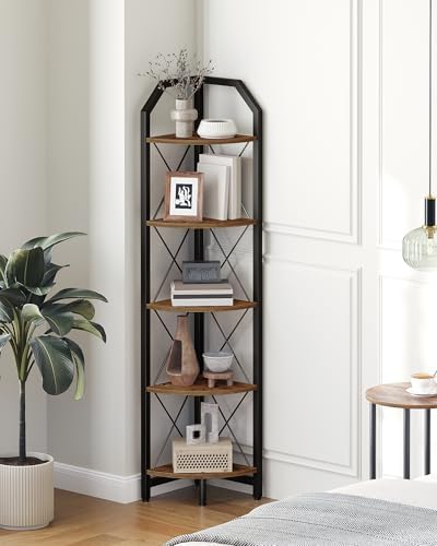 CHOEZON 59.4" Corner Shelf, 5-Tier Industrial Corner Bookshelf, Corner Storage Stand, Plant Stand Display Shelf, Bookcase for Bedroom, Living Room, Home Office, Rustic Brown and Black TCJ10BF by Choezon