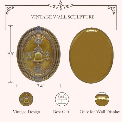 SIKOO Vintage Wall Sculptures Bronze Gold Christmas Bell and Floral Wall Art Hand Painted Ornate Wall Hanging Decoration Antique Pediment Wall Statue Ornament Decor Gallery for Kitchen Bedroom Living Room - Image 5