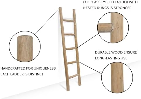 FUIN Blanket Ladder, 57in Rustic Wood Decor Rack, Fully Assembled, Brown - Image 3