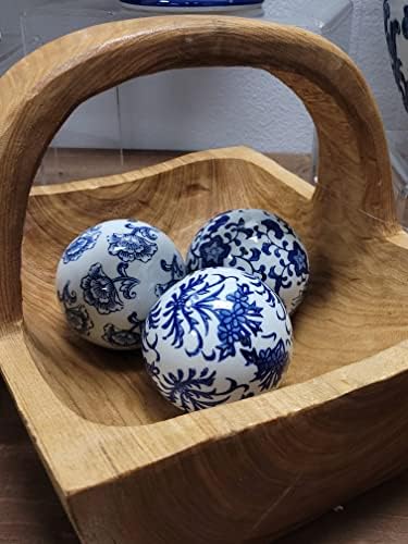 Galt International 4" Diameter Blue & White Floral Chinoiserie Ceramic Ball (Set of 3) Style 1| Decorative Ball Vase Bowl Filler - Image 2